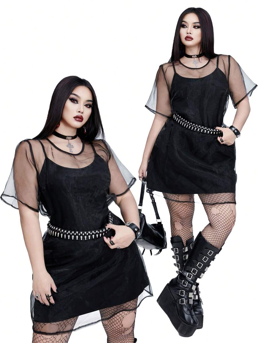 Whyspr Vestido informal de dos piezas con combinación de lencería transpirable de organza para talla grande, ideal para festivales musicales