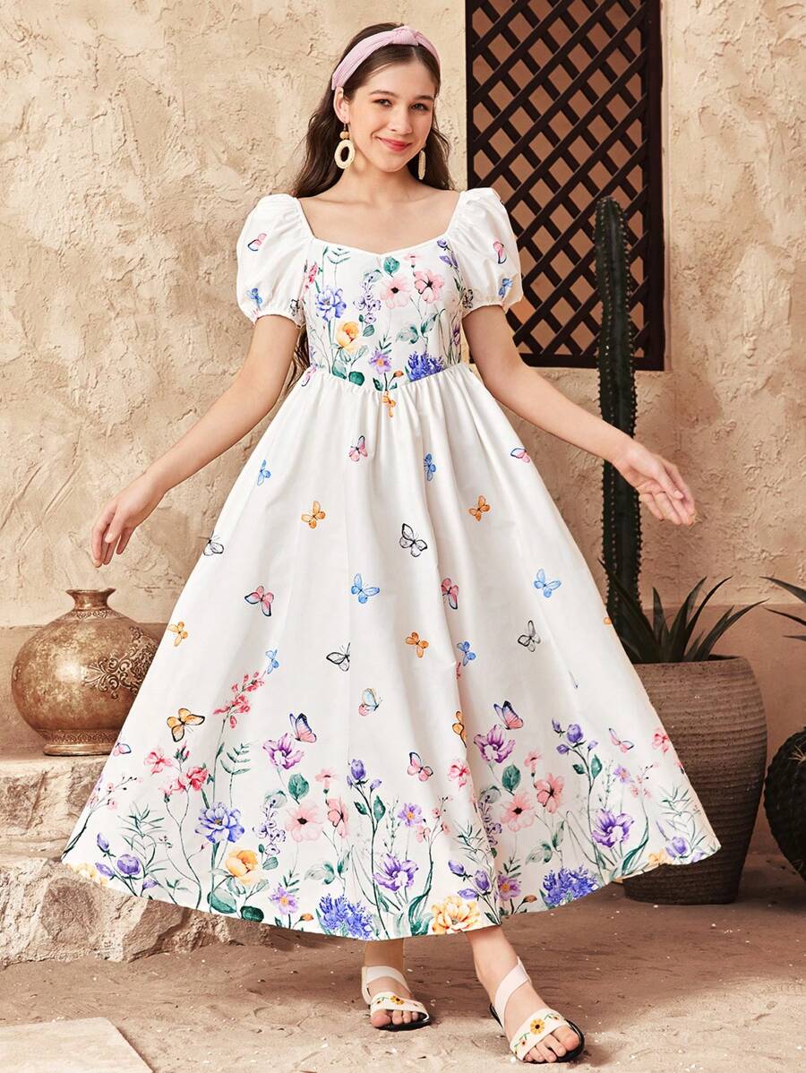 SHEIN Robe de vacances à encolure carrée, manches bouffantes et fleurs blanches pour adolescentes, convient pour les vacances, les festivals, les brunchs et les festivals de musique