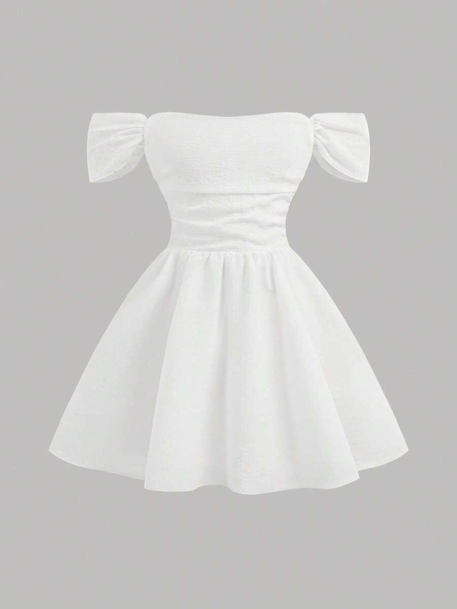 SHEIN Tween-Mädchen Off Shoulder Weiße Kleider aus strukturiertem Stoff mit taillierter Taille