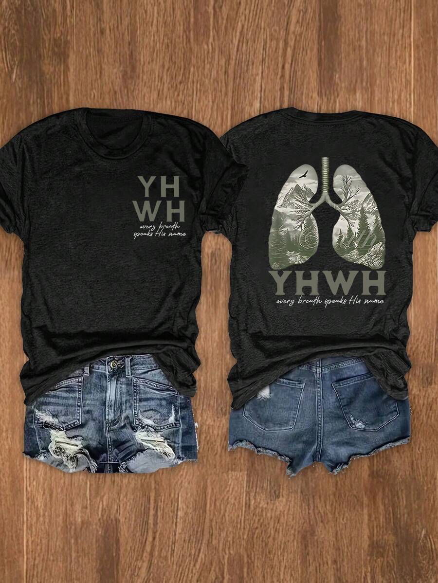 Calvaya Plus Size Lungs Christian & Every Breath Speaks His Name Okrągły dekolt Krótki rękaw Graficzny T-shirt, Damski Czarny Top