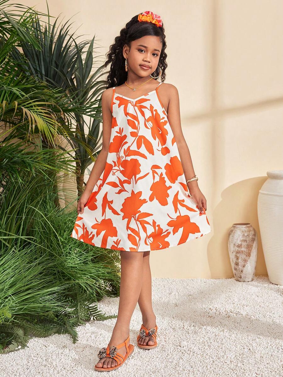 SHEIN Tween Mädchen Lässig Locker Bedrucktes Webstoff Trägerkleid in Midi-Länge, Urlaubsstil