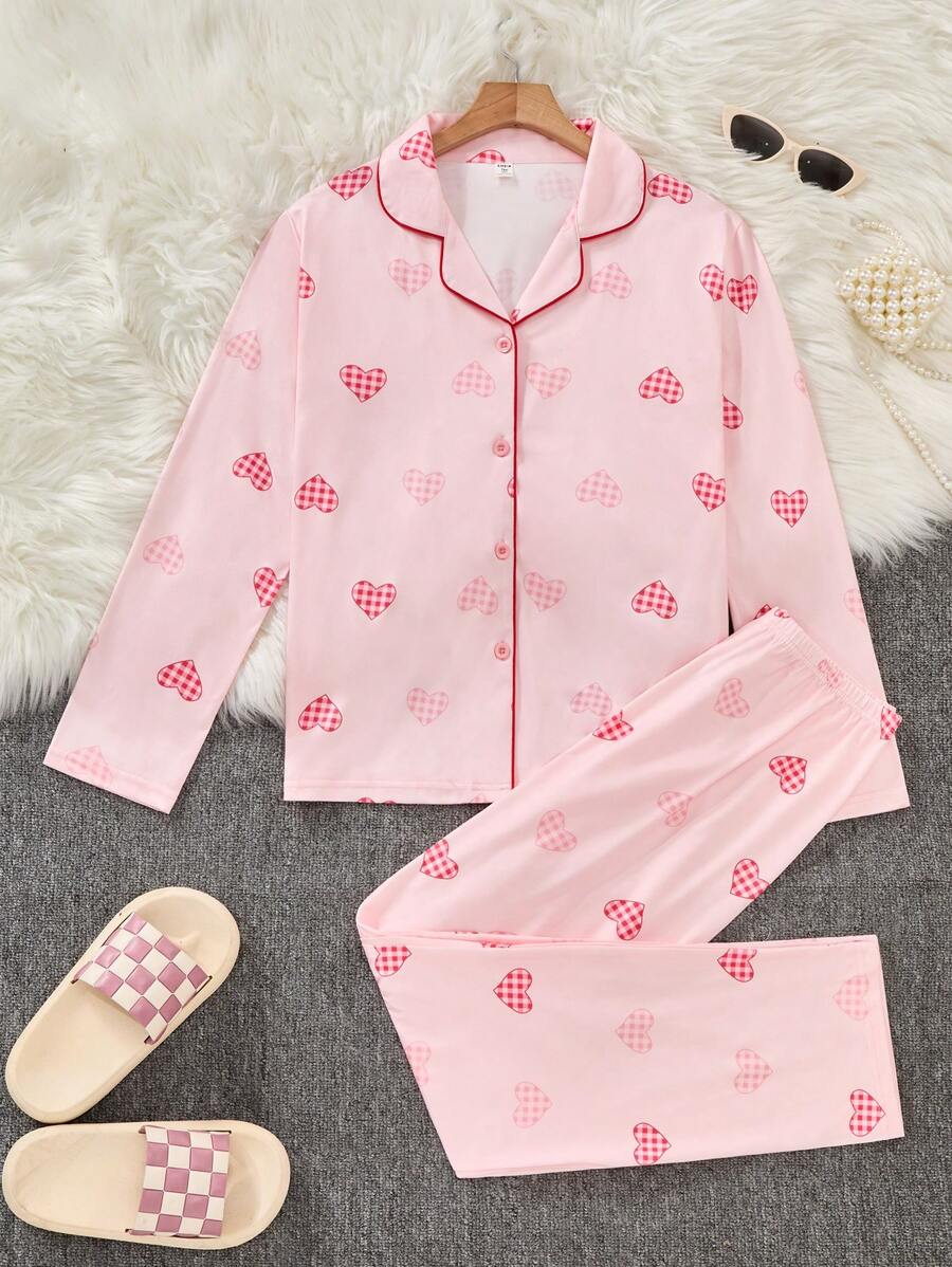 Conjunto de Pijama com Estampa de Coração Elegante para Meninas Adolescentes