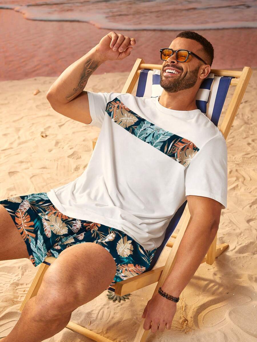 EASEVO Ensemble t-shirt col ras-du-cou à manches courtes imprimé et short pour homme grande taille