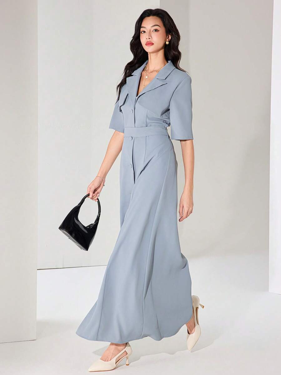 Heiryn Women's Solid Color Lapel Neck Casual Dress With Single Breasted Button