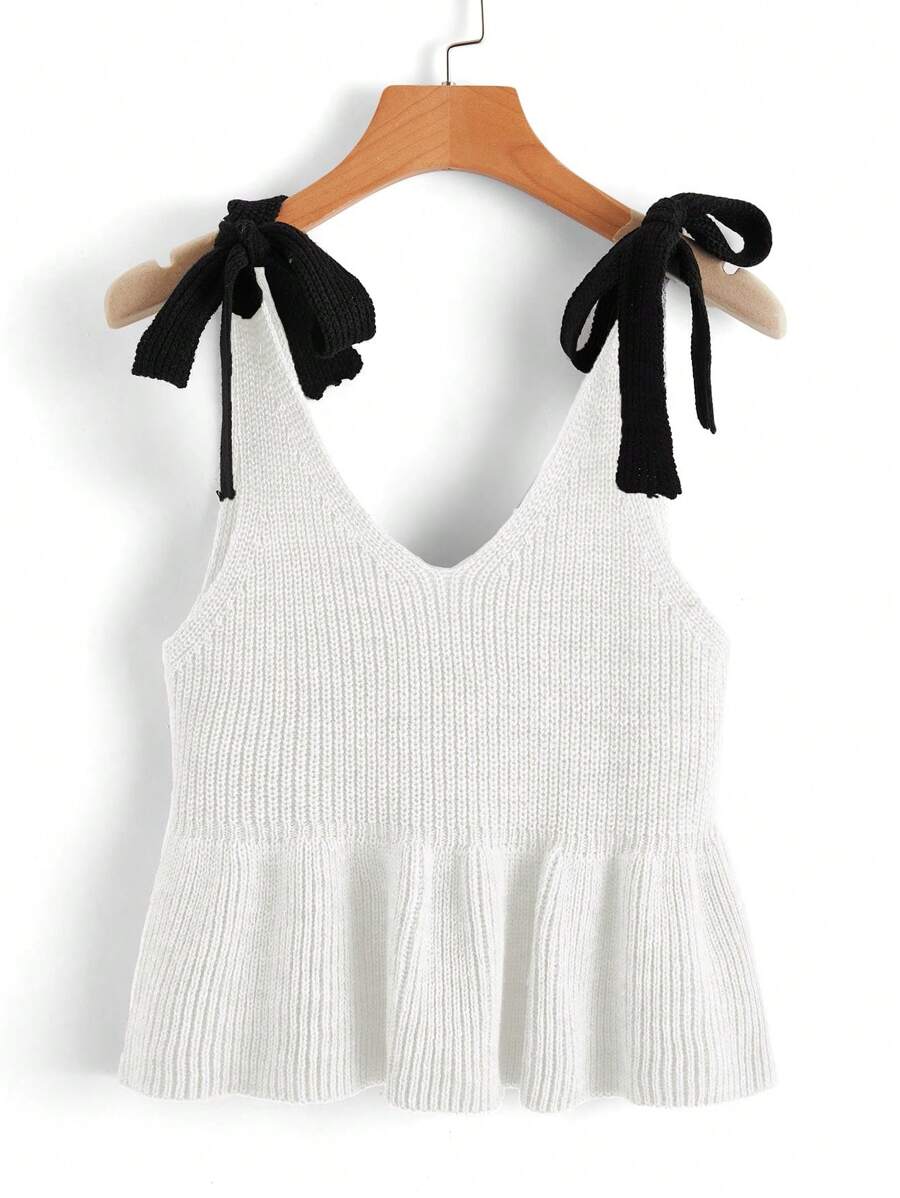 Flirla Top de punto con tirantes de mujer con dobladillo con volantes de color contrastante