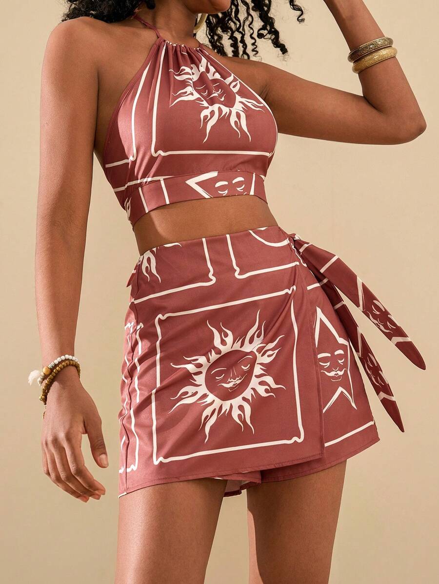 Travachic 2pcs Set Sun & Moon Graphic Halter Top And Skirt, Vacation Co-Ord Summer Clothes Women Two Pieces Outfits