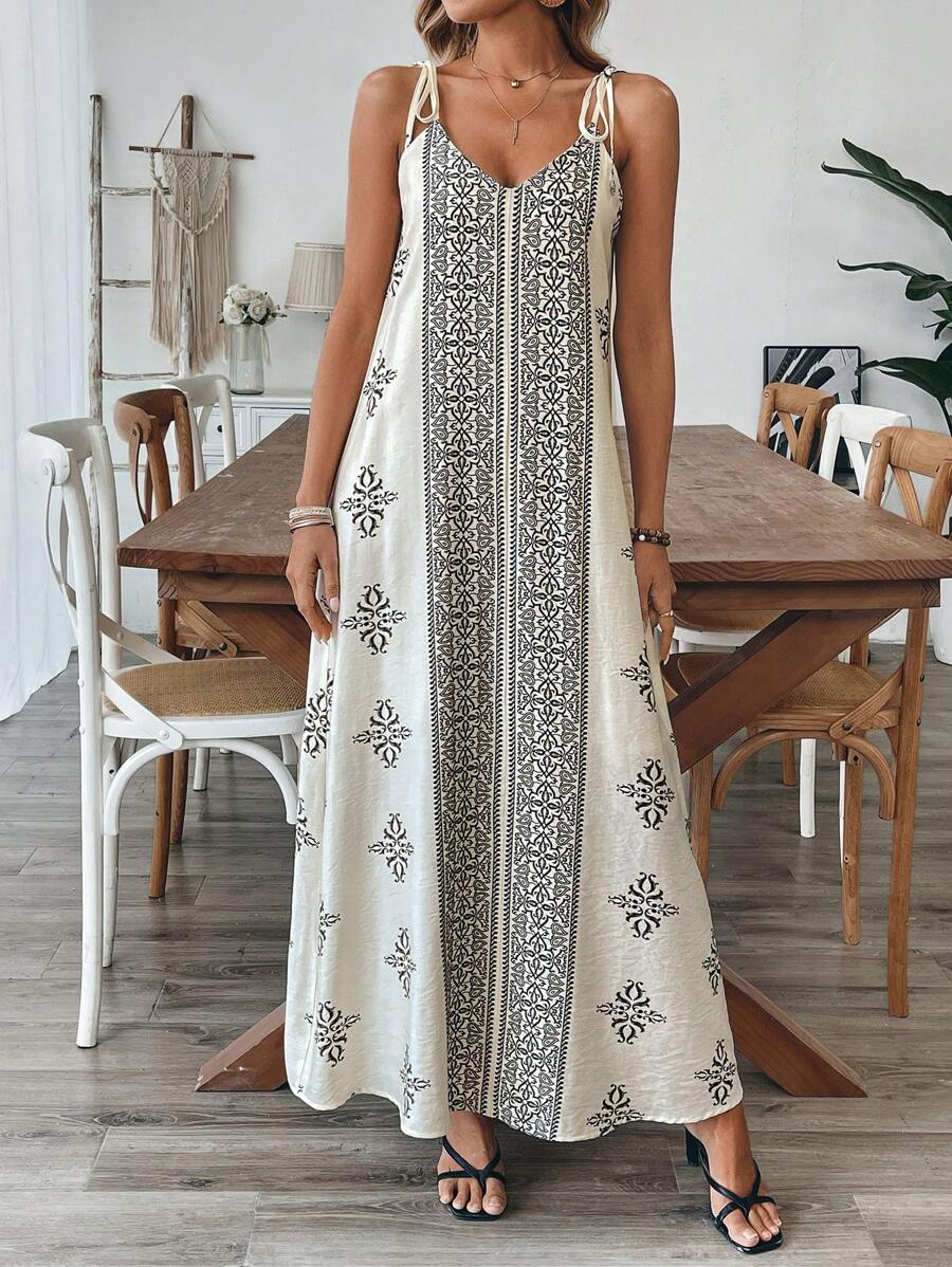 SHEIN Clasi Women's Elegant Casual Vacation Retro Print Loose V-Neck A-Line Dress