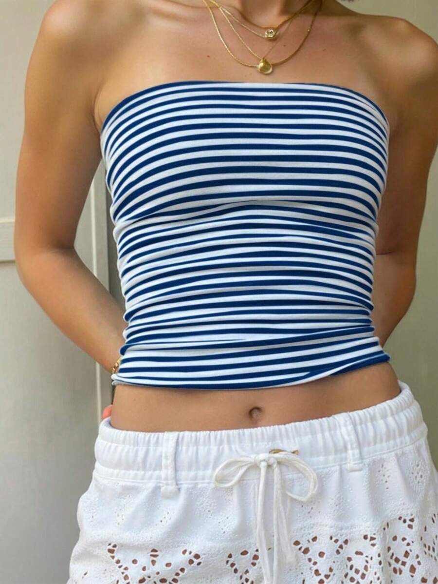Flirla Parte superior bandeau a rayas para mujer talla grande