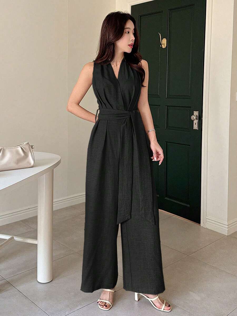DAZY Effen kleur losse jumpsuit met strik taille, elegante zomer casual dames rompertjes