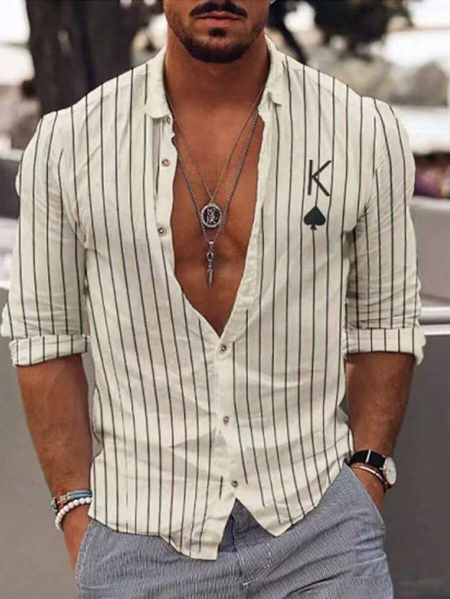 SHEIN Manfinity Dauomo Men's Casual Commuting Striped Letter Print Shirt