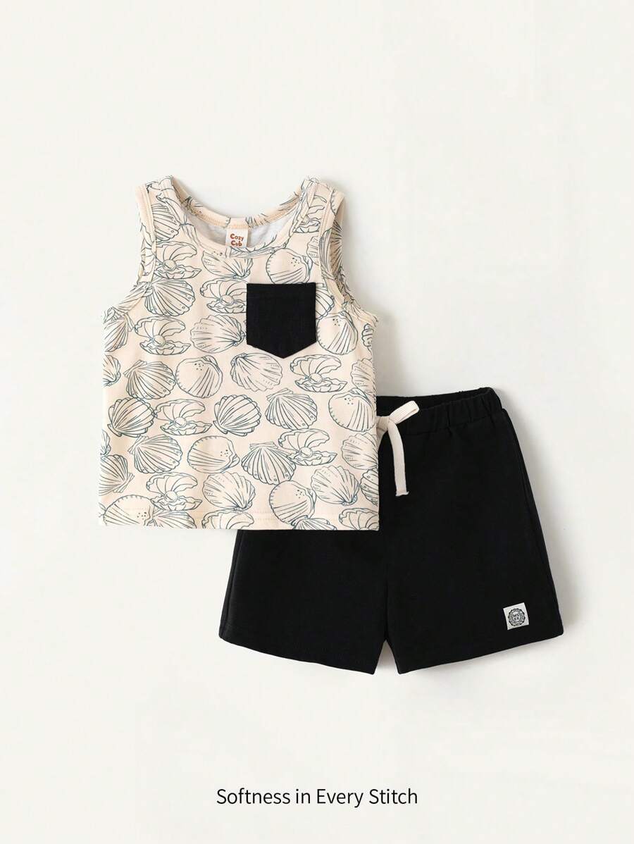 Cozy Pixies 2pcs Baby Boy Floral Print Round Neck Sleeveless Vest And Shorts Set