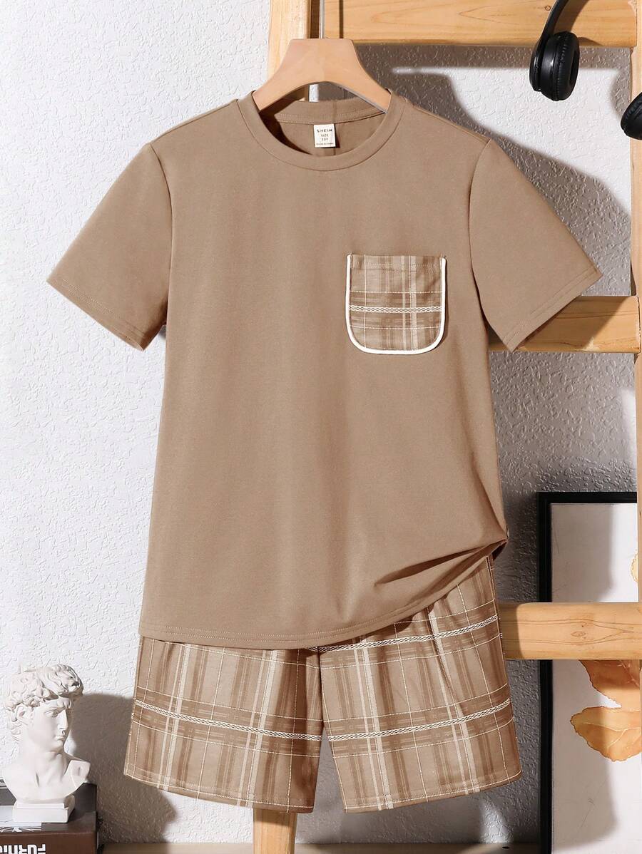 SHEIN 2 pièces/set Jeunes garçons Chemise t-shirt à manches courtes à décor de poche décontracté à carreaux et Short à carreaux Pyjama Set, Été
