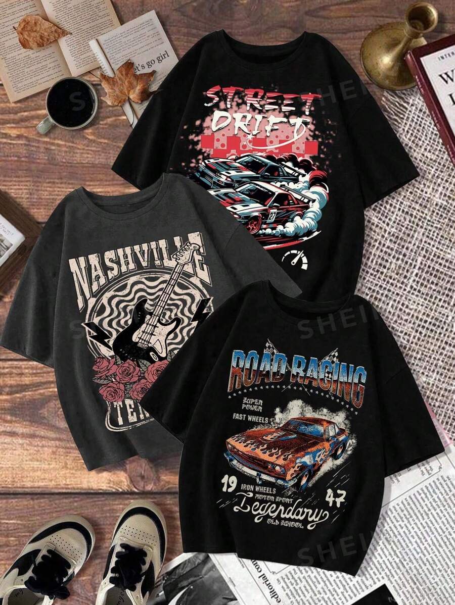 Flirla Conjunto de 3 piezas de moda callejera para talla grande, camiseta de manga corta de cuello redondo, camiseta gráfica, tops para mujer para el festival de música de verano