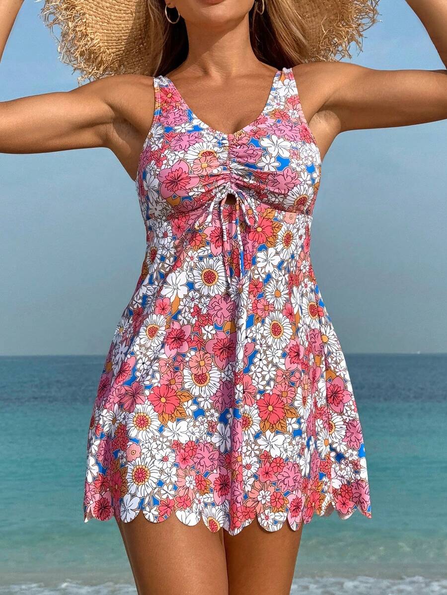 Swim Lushoire Summer Women's Casual Vacation Style Daisy Floral Print Front Tie Wide Strap Swim Dress