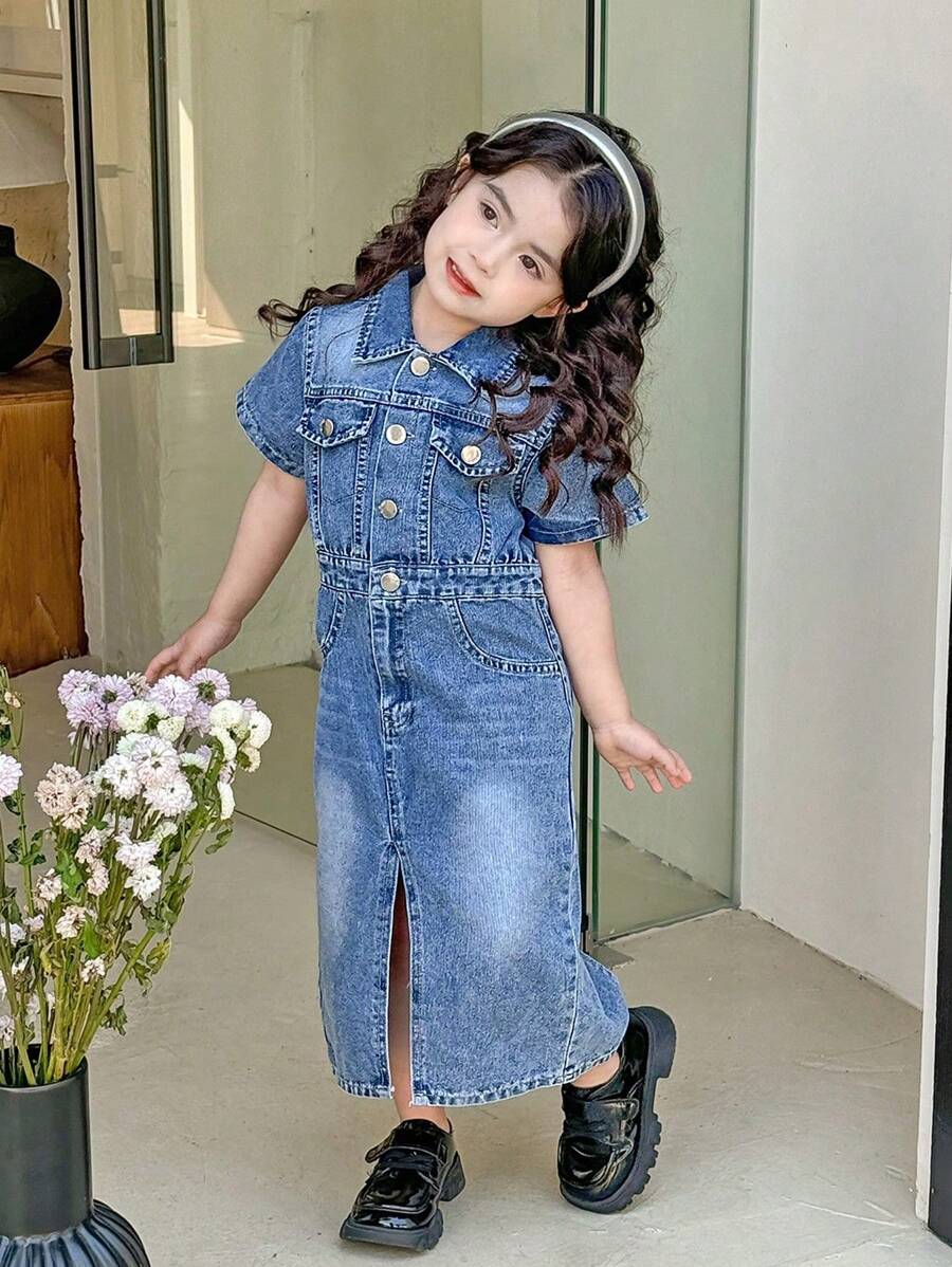 SHEIN Jonge meisjes gewassen blauwe casual split zoom korte mouwen denim jurk, getailleerd minimalistisch en veelzijdig ontwerp, geschikt voor dagelijks gebruik