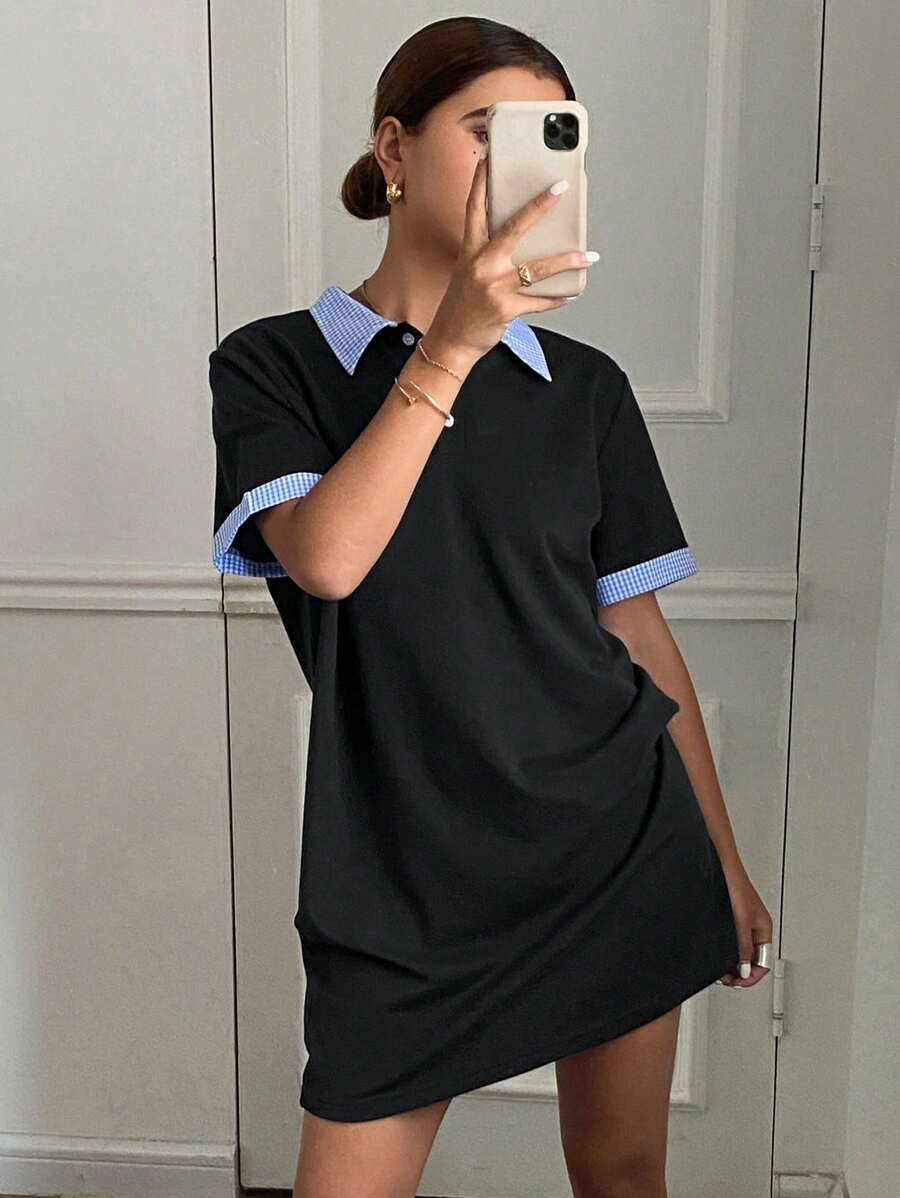DAZY Women's Casual Colorblock Short Sleeve Polo Collar Mini Dress, Sports/Summer Sundress