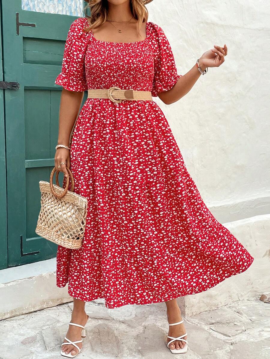 SHEIN Clasi Plus Size Women Summer Elegant Vacation Puff Sleeve Front Pleated Red Ditsy Floral Dress,Summer Outfits For Women Vacation Outfits Woman,Suitable For Workplace, Afternoon Tea, Date, Concert, Party, Retro College Style,Holiday,Summer Outfits For Women,Beach Outfits For Woman,Vacation Outfits Women,Sun Dress,Sun Dress,Rave Outfits Festival/Concert Outfit Women/ Rave Outfits/Country Concert Outfit/Nashville Outfits/Coachella Outfits/Ibiza Outfits