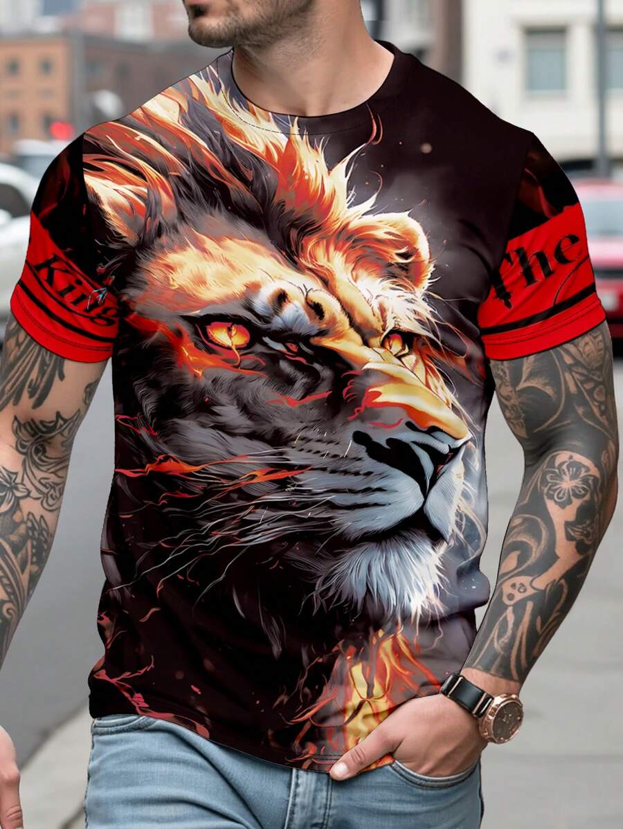 Manfinity LEGND Camiseta de manga corta de cuello redondo casual de hombre con estampado 3D de león