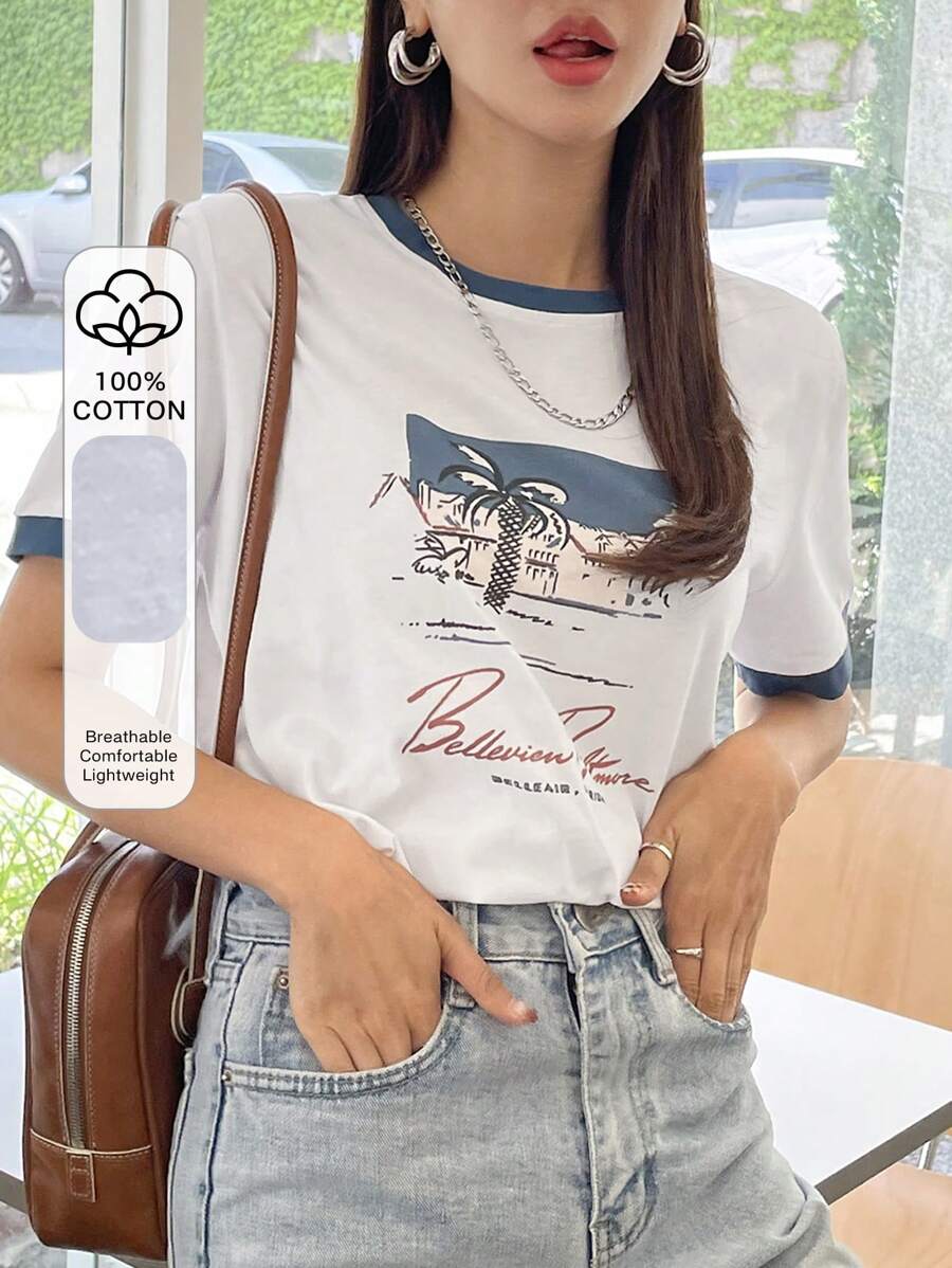 DAZY Letter & Palm Tree Print Contrast Binding Tee,Graphic Tees