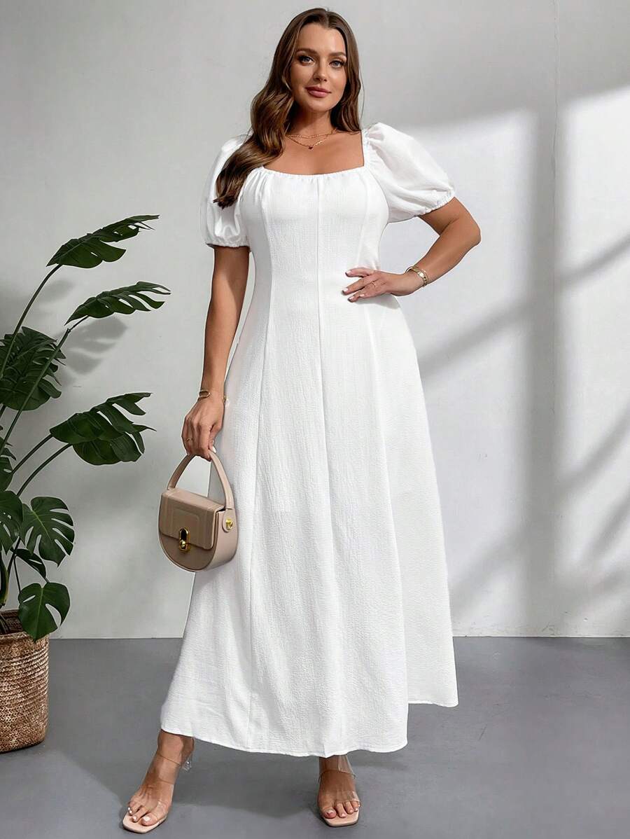 Firerie Falda A-line blanca con cuello cuadrado, extra larga y con forro para mujer de talla grande, elegante y romántica para la temporada de bodas