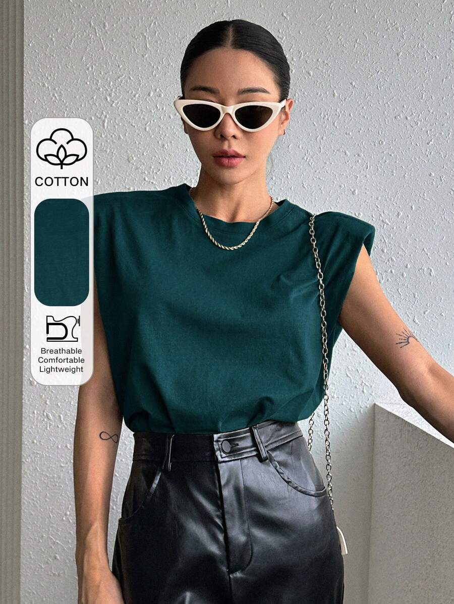 DAZY Solid Color Round Neck Sleeveless Padded Shoulder Women's T-Shirt Y2k Summer