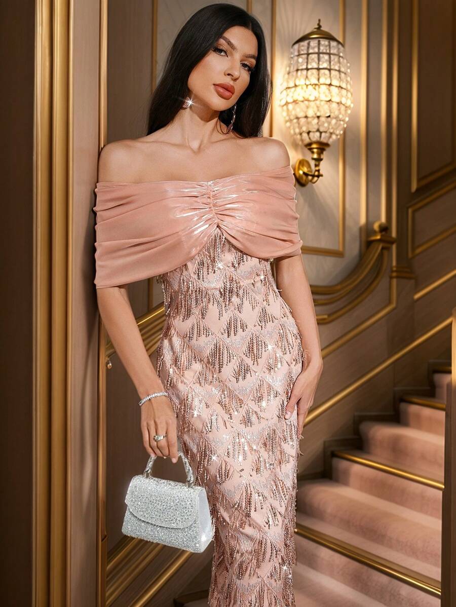 Modelyn Women Elegant Banquet Orange Pink Organza Bow One-Line Shoulder Mesh Bead Embroidered Dress Summer Clothes Wedding Guest Dress Women