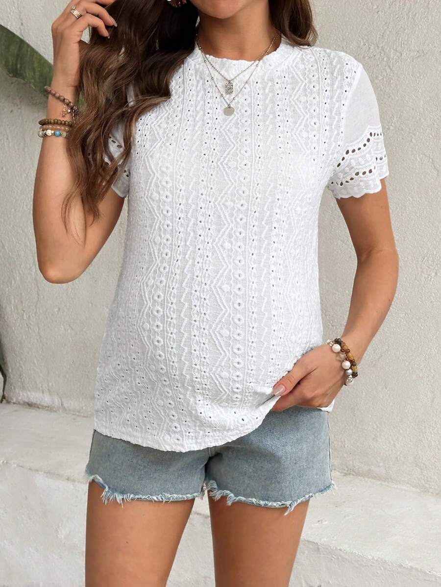 SHEIN Luźny, luźny krój, okrągły dekolt, krótki rękaw, modna bluza z żakardowym wzorem