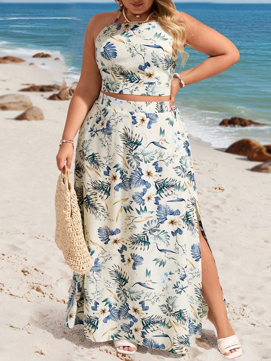 SHEIN VCAY Plus Size Tropical Print Halter Top And High Slit Loose Skirt Set, Vacation Casual Beach Women Outfits Women Summer Clothes Women Two Pieces Outfits
