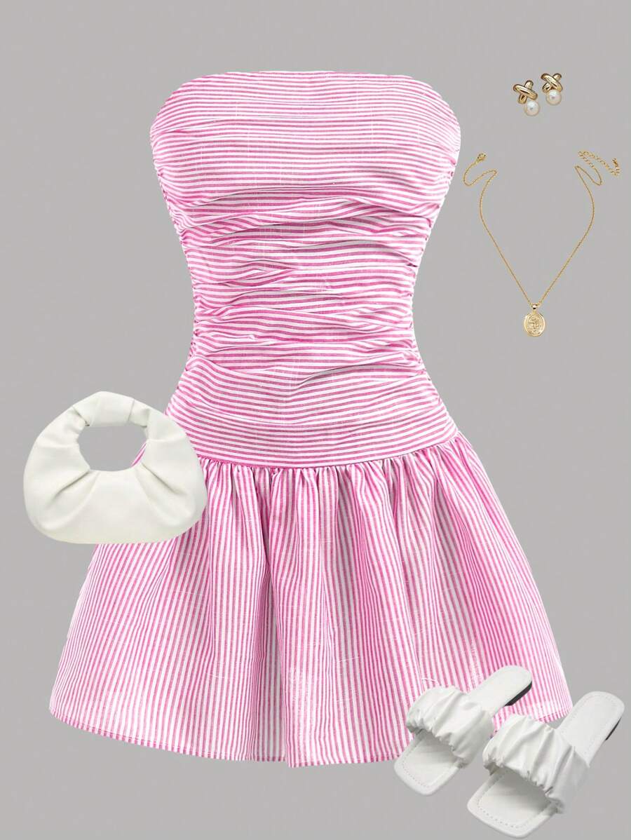 Girlism Gestreepte strapless geplooide taille A-lijn casual mini-jurk voor tienermeisjes, roze en wit, geschikt voor vakantie