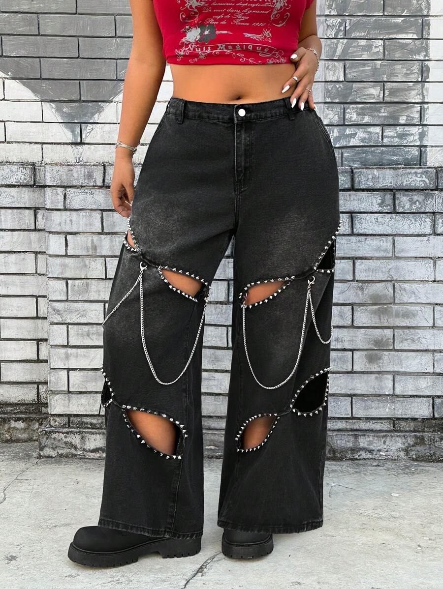 SHEIN ICON Black Rivet Chain Hollow Non-Stretch Denim Jeans