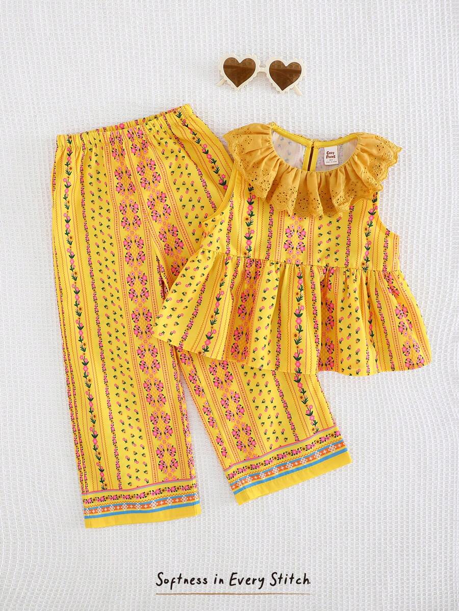 Cozy Pixies 2pcs Girl Floral Print Crew Neck Top With Ruffle And Elasticated Waist Pants Set