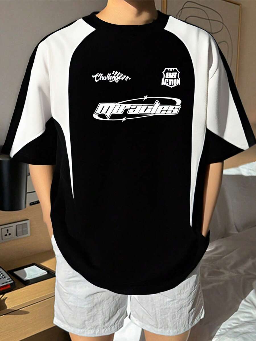 SHEIN T-shirt à manches courtes pour garçon préadolescent, style sportif coréen casual avec bloc de couleurs et imprimé. Convient pour le trajet, l'école, le casual quotidien, les sports, le printemps/été