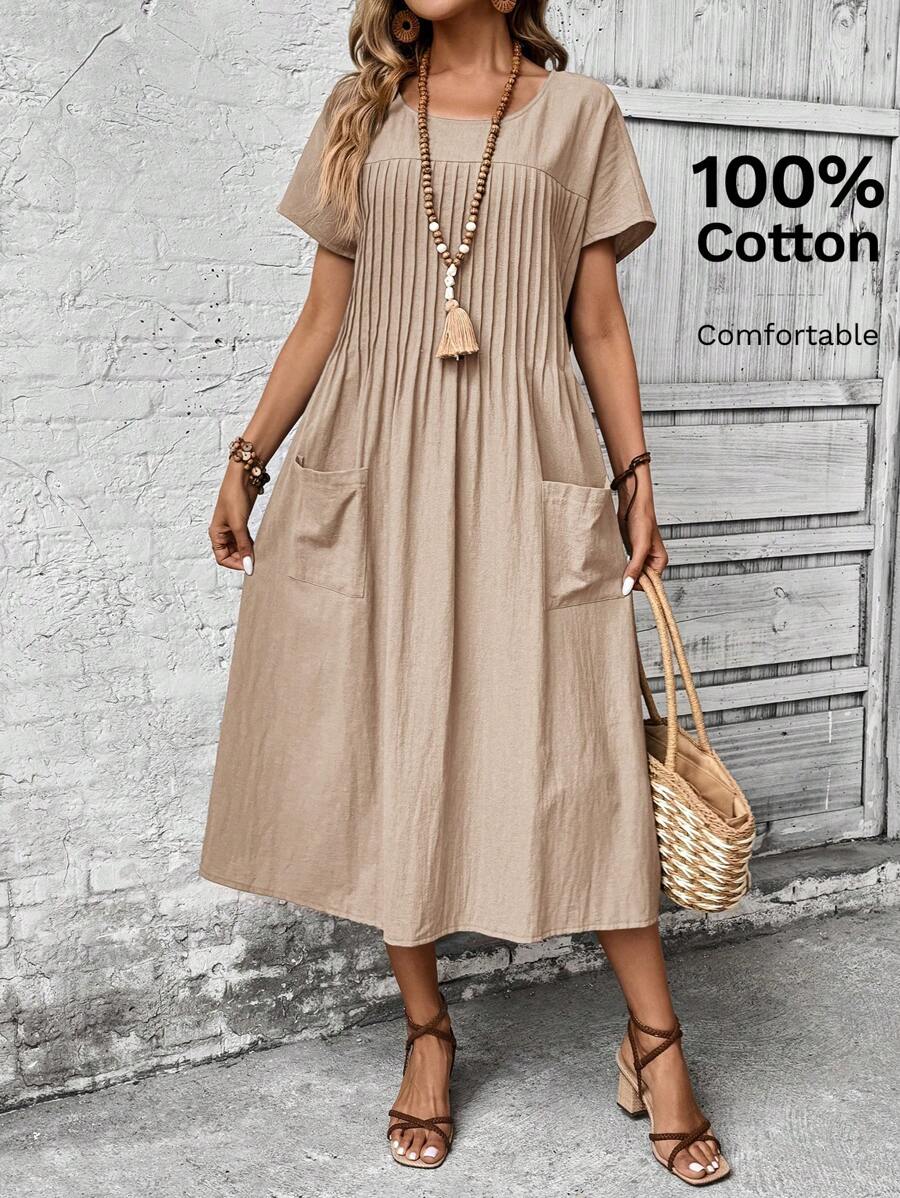 EMERY ROSE Women's Round Neck Short Sleeve Solid Color Pocket Minimalist Casual Dress