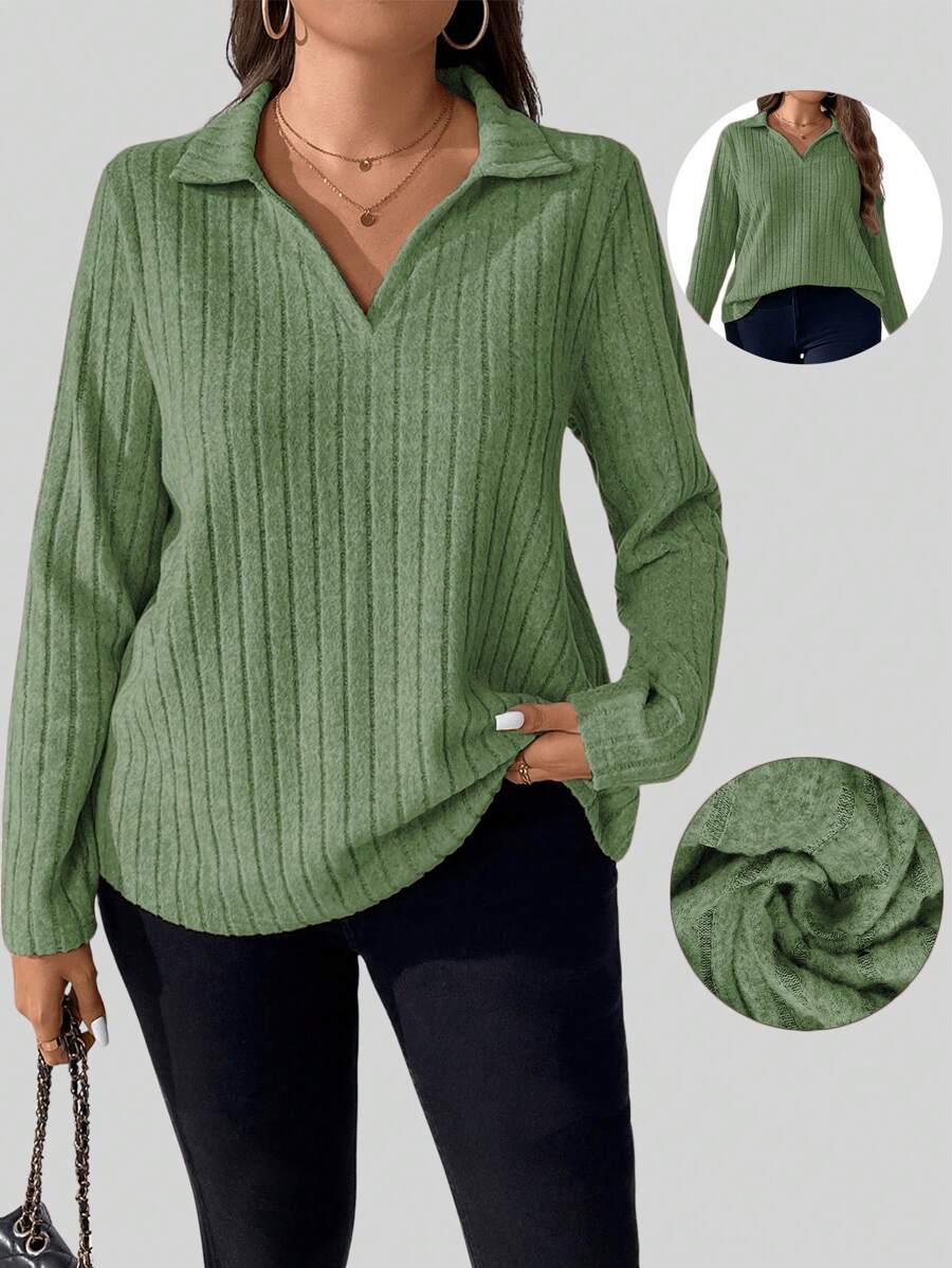 SHEIN LUNE Plus Size Women Solid Color Polo Collar Long Sleeve Ribbed Casual T-Shirt