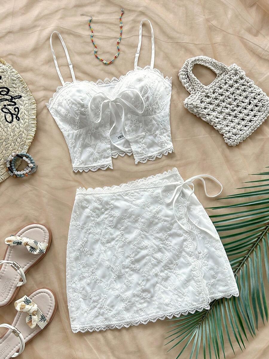 Soleia Bohemian ,Boho, Romantic Floral ,Vacation, Floral 4th Of July Clothes Summer Two Pieces Set Rave Outfits Festival Festival New Years Eve Outfits/Coquette Outfitcold Weather Outfits/Ice Skating Outfitidate Night Outfit Vacation Outfits Woman Women's Resort Style Floral Embroidery Cami Top & Mini Skirt, Multi-Occasion, Matching Sets, Two Pieces Summer Beach Vacation Outfit Set