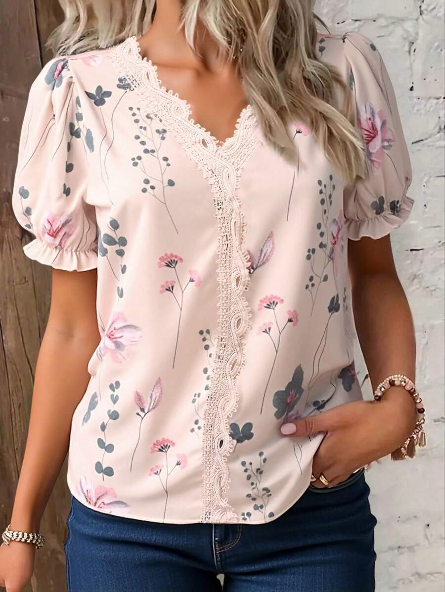 SHEIN LUNE Women's Floral Print Ruffled Hem Casual Shirt