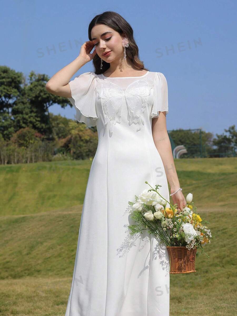 Modelyn Vestido largo de mujer elegante y romántico de gasa blanco con mariposas