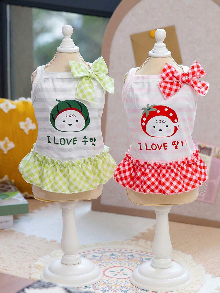 PETSIN Falda de cuadros ligera y transpirable con decoración de texto coreano "Cute Love", cachorro, sandía y lazo, ideal para perros en primavera/verano