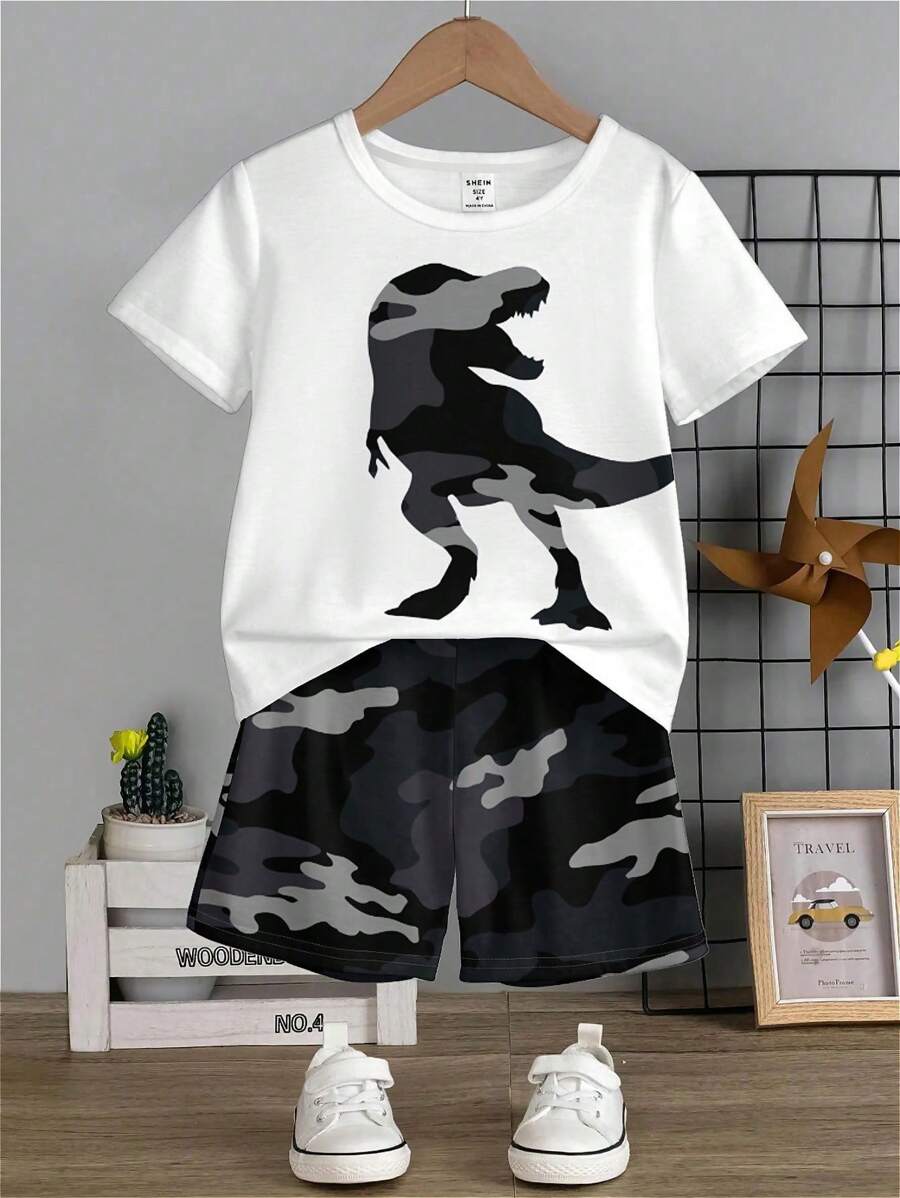 SHEIN 2pcs Camouflage Dinosaur Print Casual Crew Neck Short Sleeve T-Shirt And Shorts Set For Young Boys, Summer