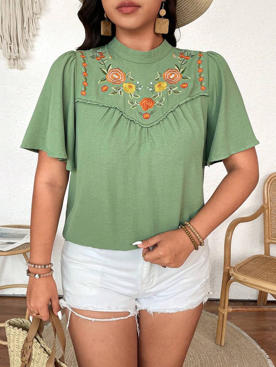 Breezaya Women's Casual Fashion 3D Embroidery Vacation Style Blouse