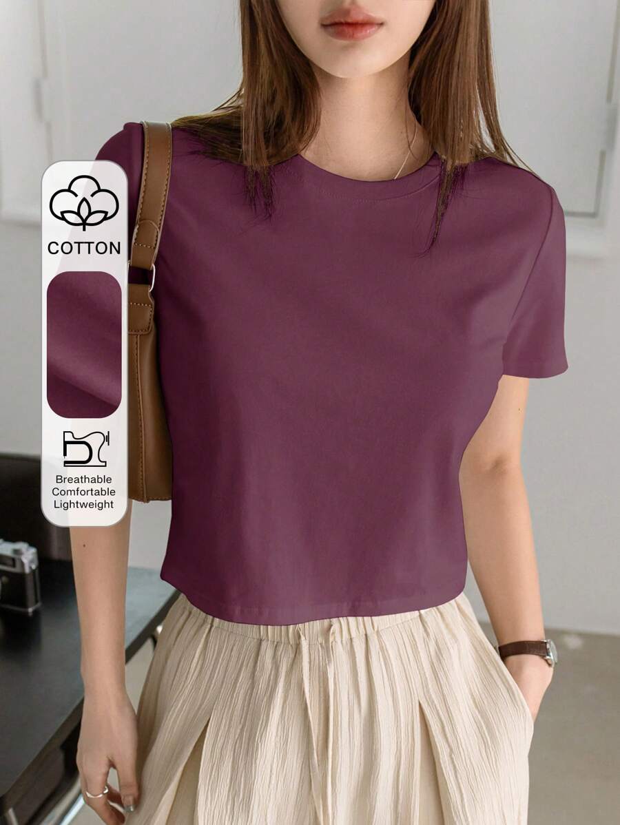 Dazy-Less Women's Solid Color Round Neck Summer Casual Short Sleeve T-Shirt Old Money Style