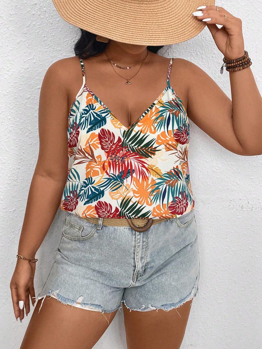 SHEIN VCAY Plus Size Zomer Plantenprint Casual Vakantie Cami Top