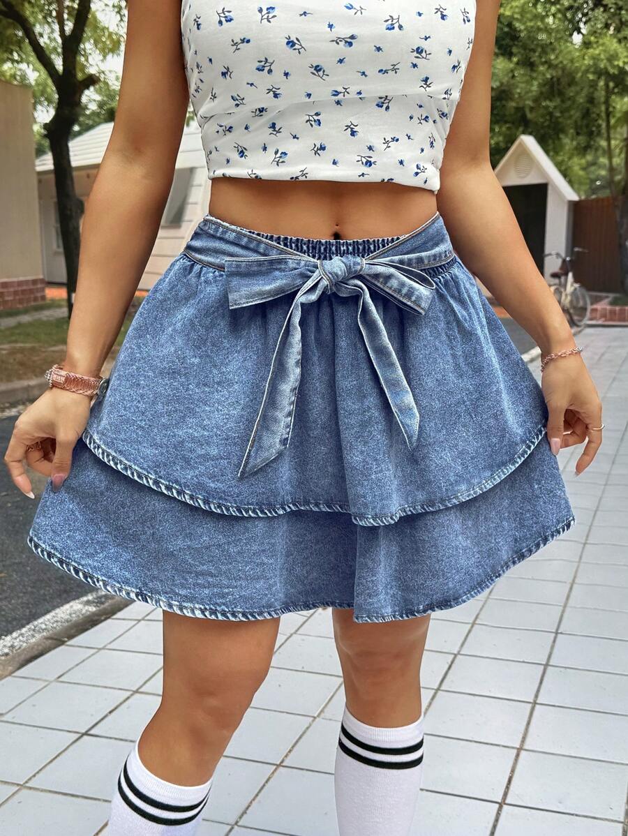 SHEIN PETITE Women's Blue Body-Conscious Mini Denim Skirt