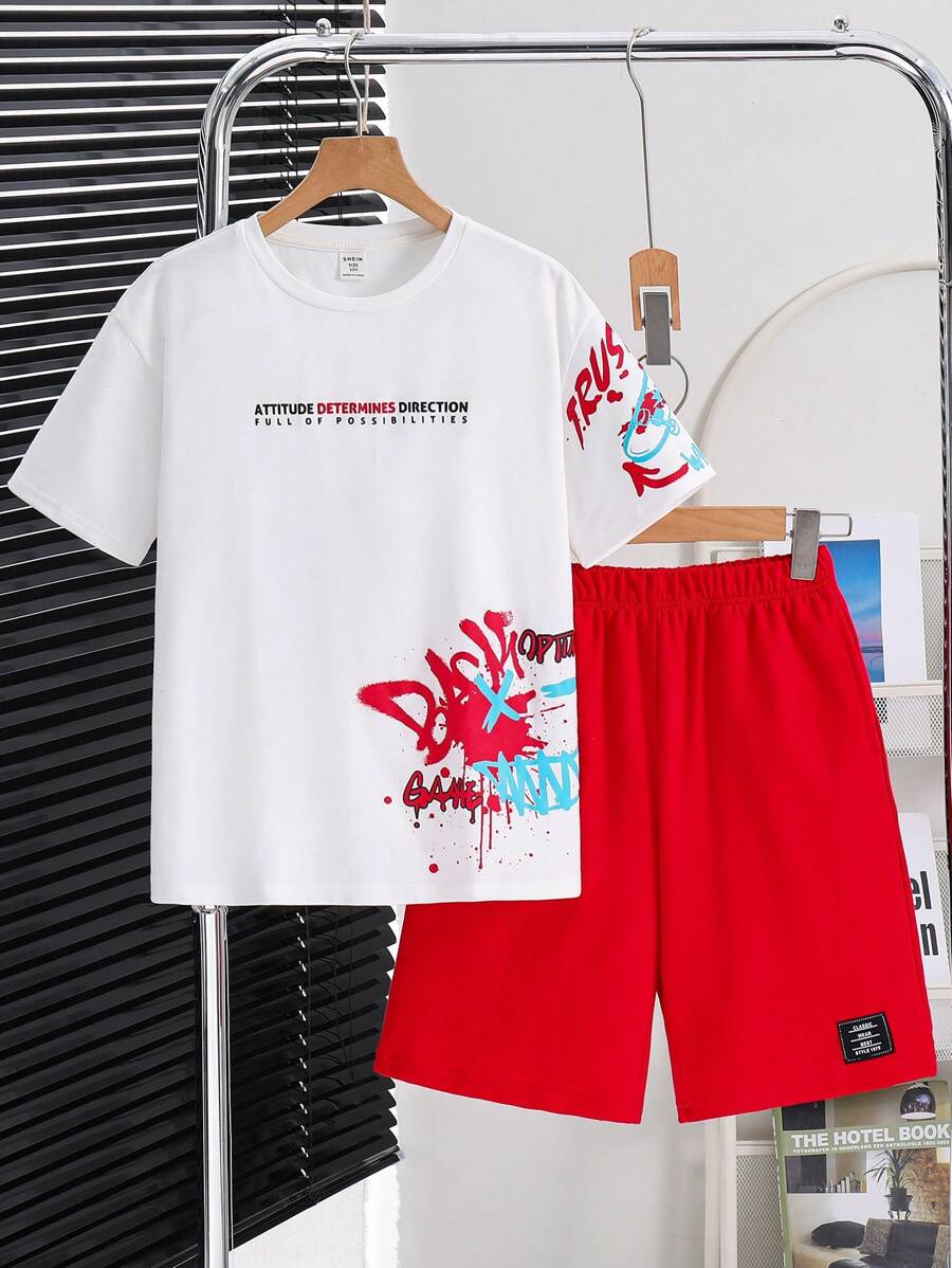 SHEIN Tween Boys Sporty 2 Pieces Set Slogan Graphic Colorful Graffiti Round Neck Short Sleeve T-Shirt And Shorts