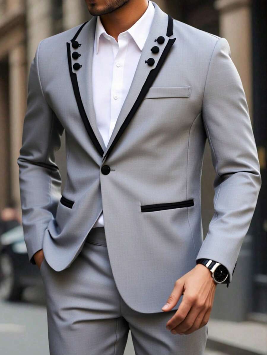 Manfinity Bizformal Conjunto de chaqueta y pantalón formal para hombre de Manfinity con contraste de color en el cuello de solapa y de manga larga