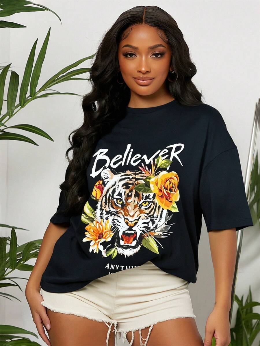 SHEIN SXY Women's Slogan & Tiger Print Casual Round Neck Short Sleeve T-Shirt,Vacation Outfits Woman,Summer Outfits For Women,Beach Outfits For Woman,Graphic Tees Women