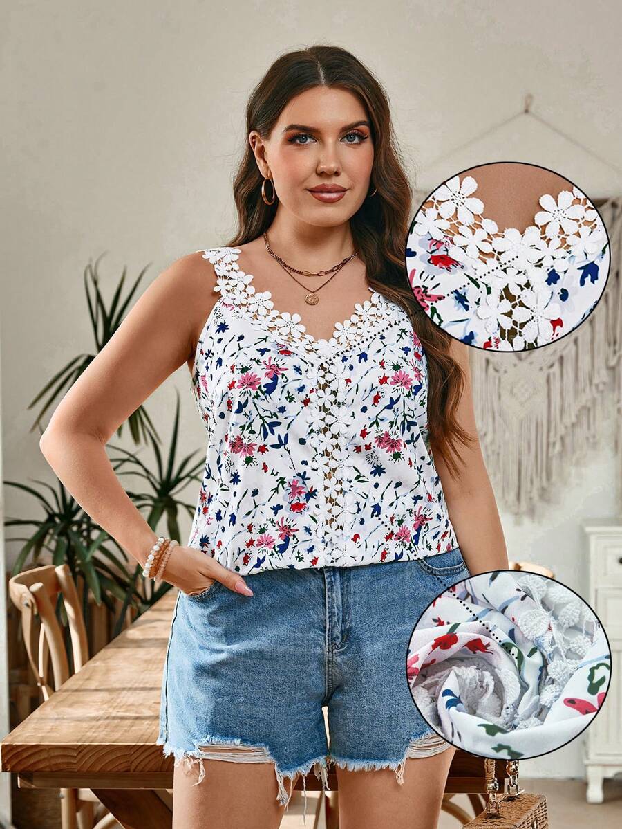 SHEIN LUNE Top de style camis à fleurs ditsy et garniture de dentelle, tops d'été bohèmes élégants de vacances pour femmes, tenues de vacances, vêtements d'été des années 90, tenues d'été pour femmes, tenues de villégiature, tops d'été pour femmes, tenues de vacances, porter de tous les jours stylé