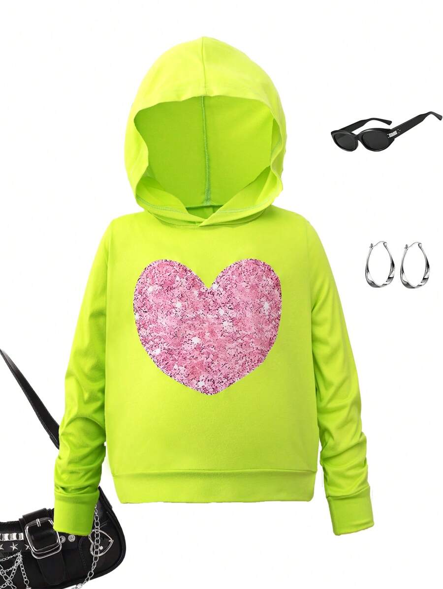 Young Girls' Spring/Summer Solid Color Heart Decor Loose Casual Sweatshirt, Suitable For Various Sports, Leisure, Outdoor Activities
