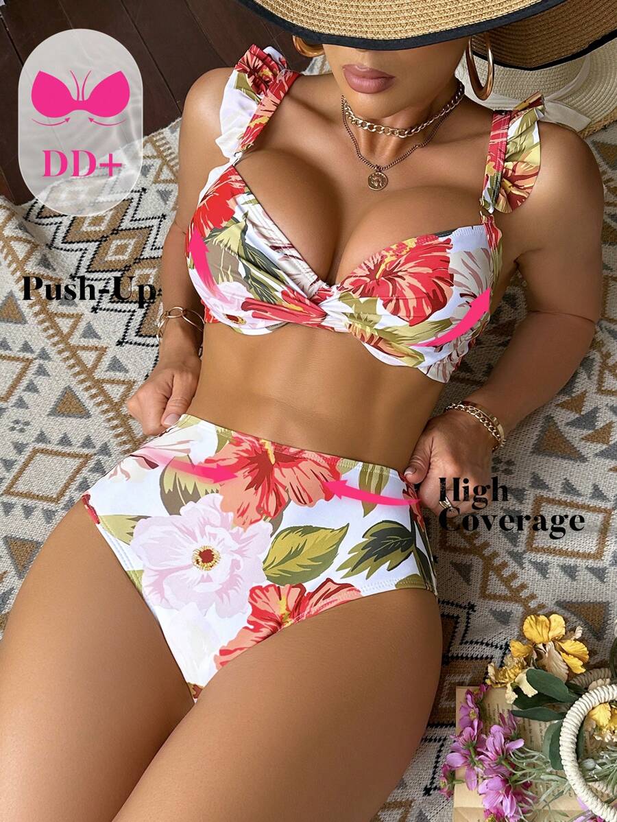 Swim DD+ Women Floral Print Ruffle Twisted Bikini Set Top & Bottom , Summer Beach Vacation