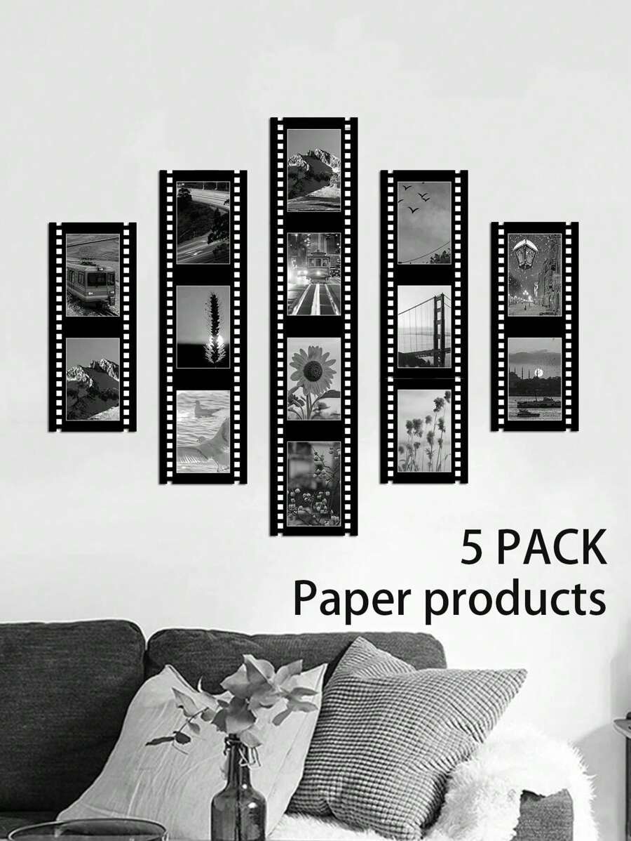 SHEIN 5 stuks zwarte 4"X6" / 5"X7" retro filmstijl decoratieve fotolijsten, lichtgewicht fotografische achtergrond